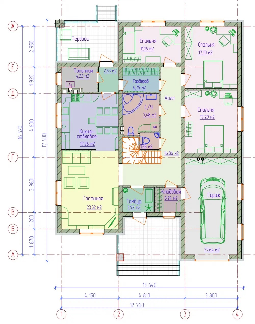 Планировка 1-го этажа кирпичного бунгало с эксплуатируемым чердаком. Проект № 090-36