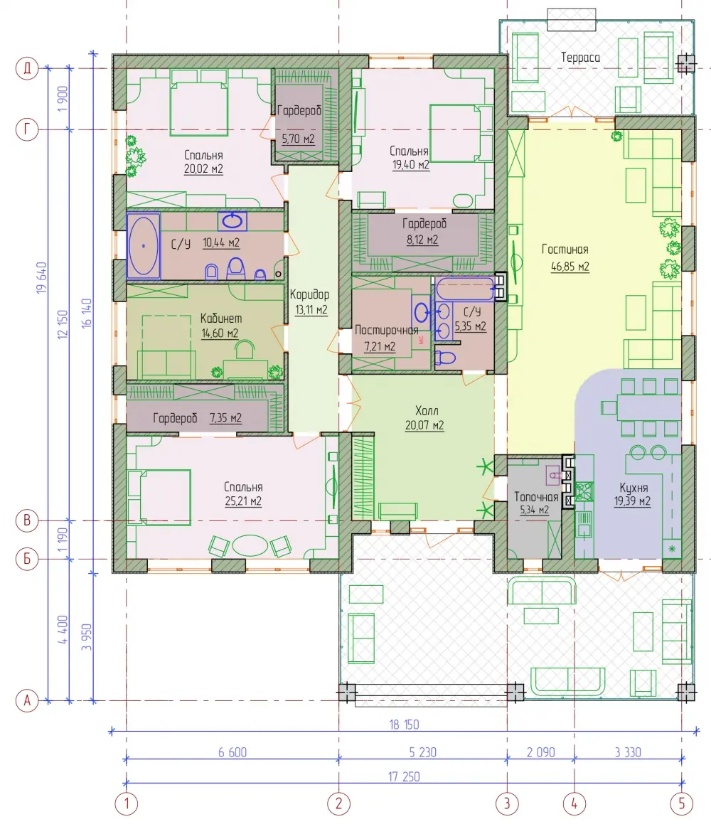 Планировка просторного дома с 2-мя террасами. Проект № 106-35