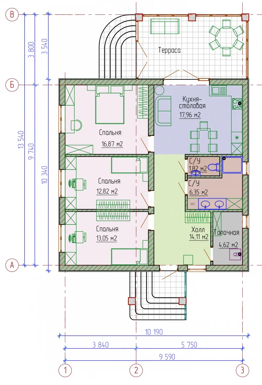 Планировка компактного одноэтажного дома. Проект № 293-01