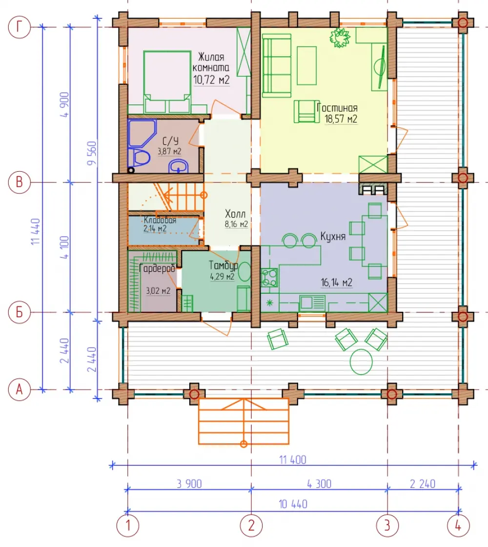 Планировка 1-го этажа мансардного дома из оцилиндрованного бруса. Проект № 125-03