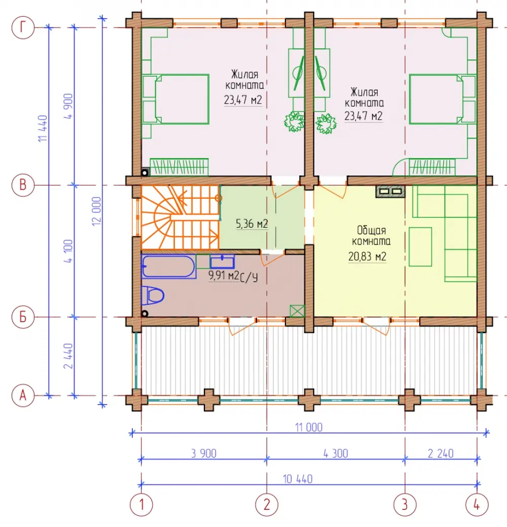 Планировка 2-го этажа мансардного дома из оцилиндрованного бруса. Проект № 125-03