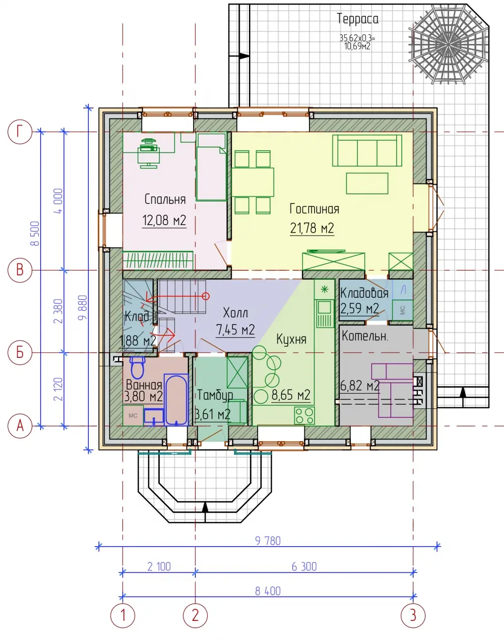 Планировка 1-го этажа кирпичного дома с мансардой. Проект № 295-01