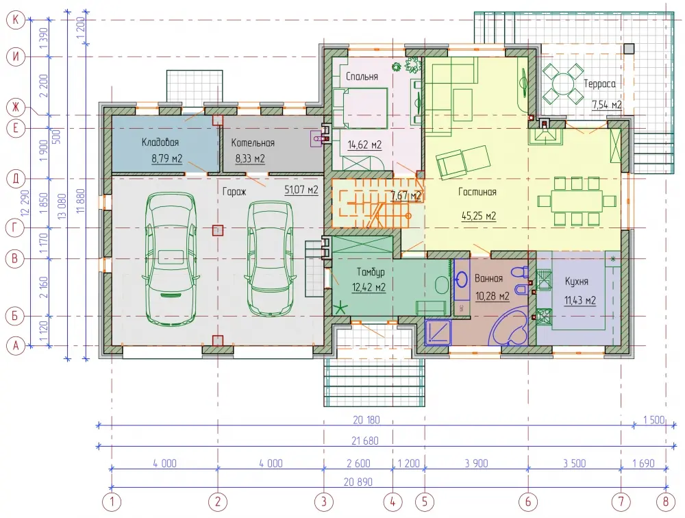 Планировка 1-го этажа мансардного дома с спортзалом и гаражом. Проект № 301-01