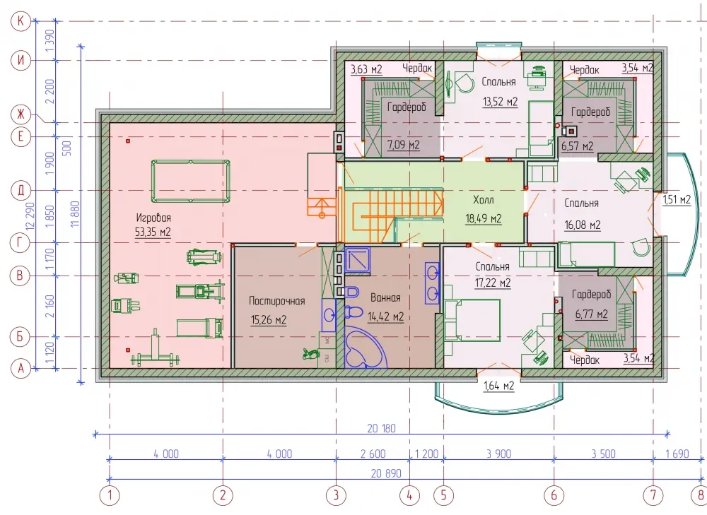 Планировка 2-го этажа мансардного дома с спортзалом и гаражом. Проект № 301-01