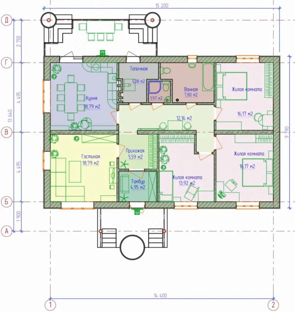 Планировка экономного одноэтажного дома. Проект №007-07