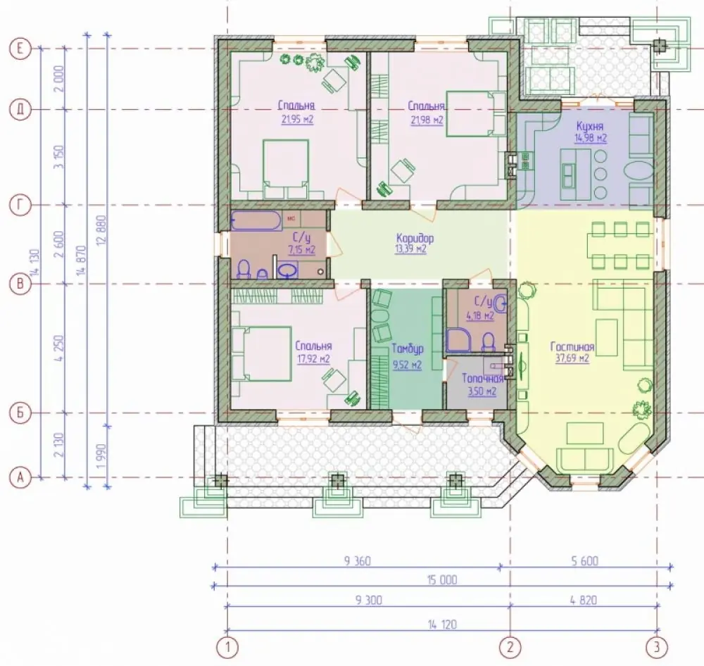 Планировка кирпичного дома с экрером. Проект №100-05 