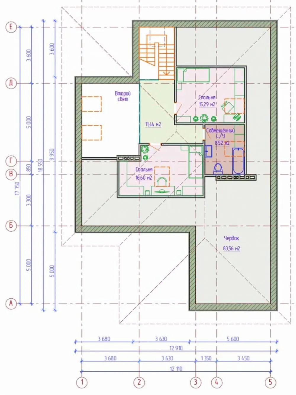 План мансардного этажа дома из газосиликата. Проект №135-01