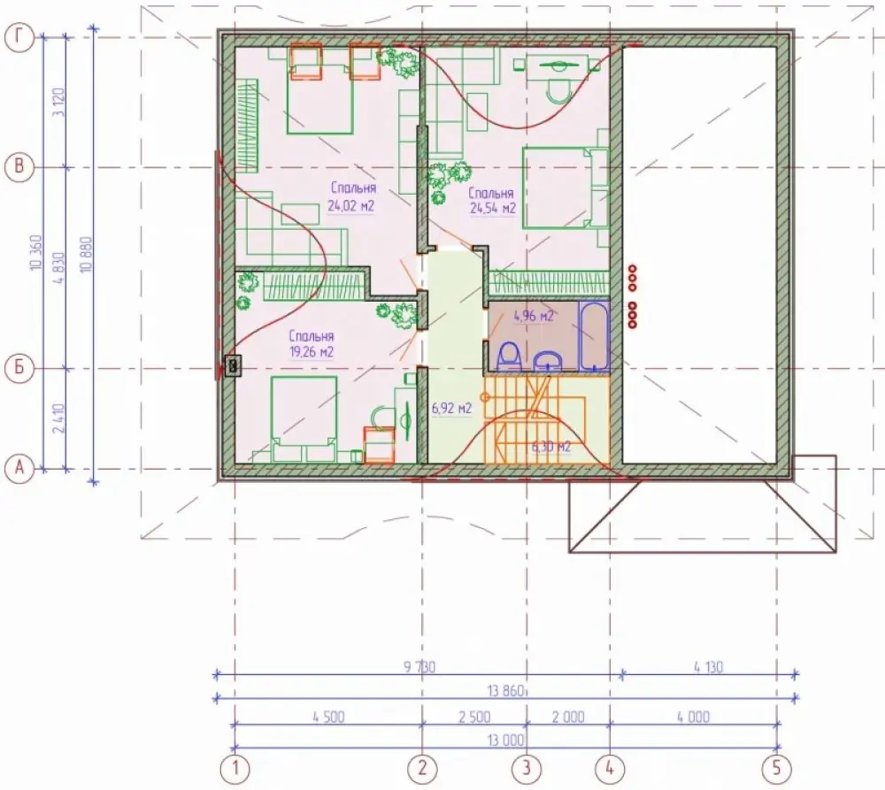 Планировка мансардного этажа гостевого дома с баней. Проект №141-03
