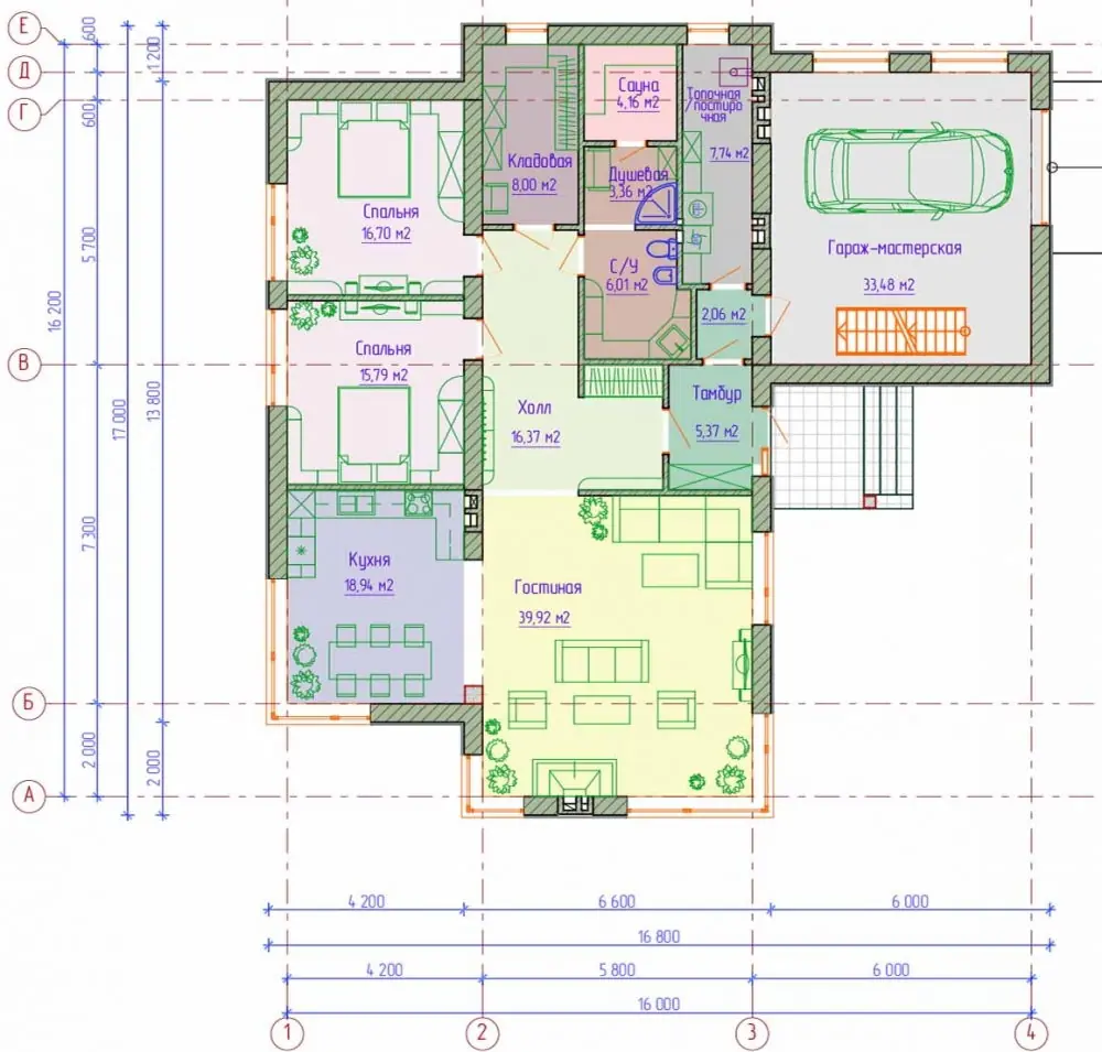 План 1-го этажа современного дома с односкатной крышей. Проект 158-01
