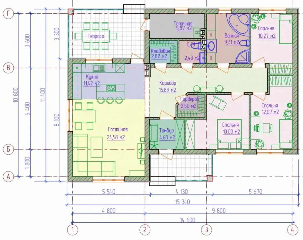 Планировка  одноэтажного жилого дома. Проект №007-30
