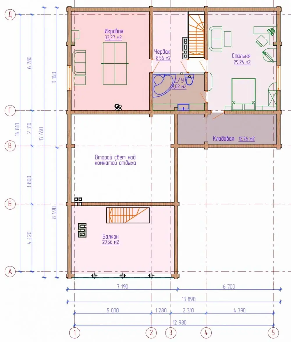 План мансардного этажа комбинированного дома из блоков и бруса. Проект №074-04