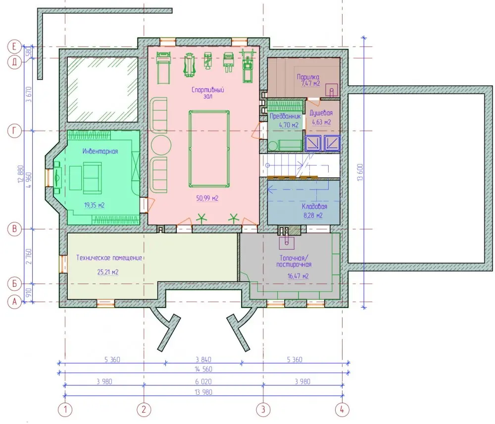 Планировка цокольного этажа кирпичного дома с гаражом.  Проект дома №116-03