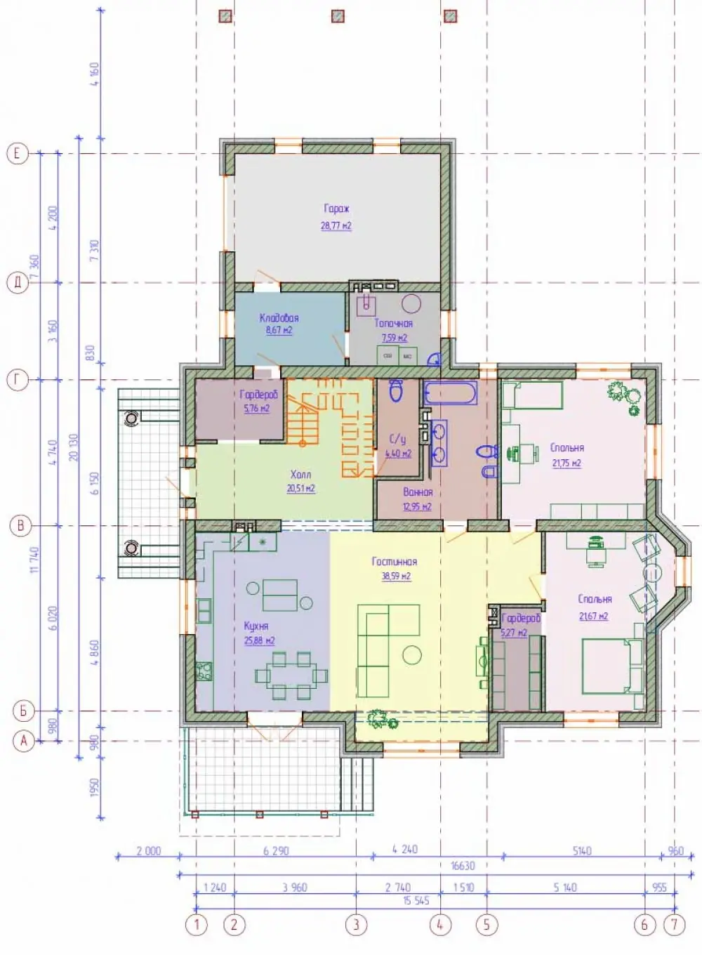 Планировка 1-го этажа дома с мансардой в английском стиле. Проект №189-01