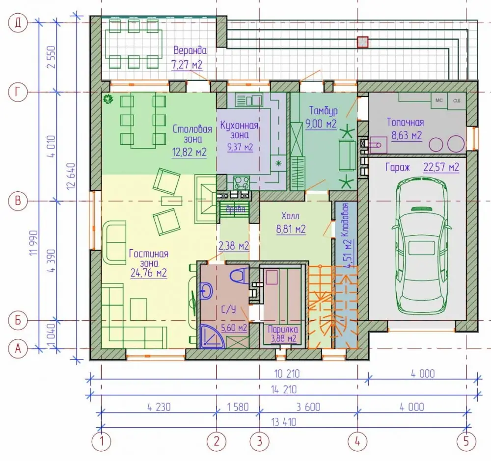 Планировка 1-го этажа двухэтажного дома с гаражом. Проект №197-01