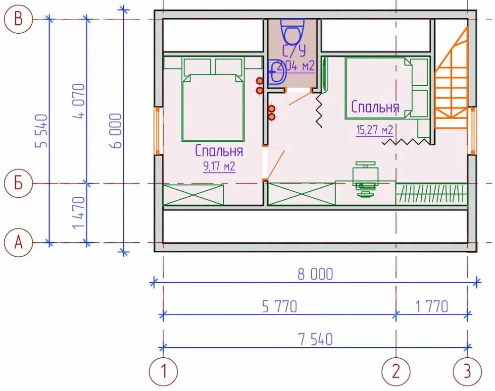 План мансардного этажа компактной бани 6 на 8