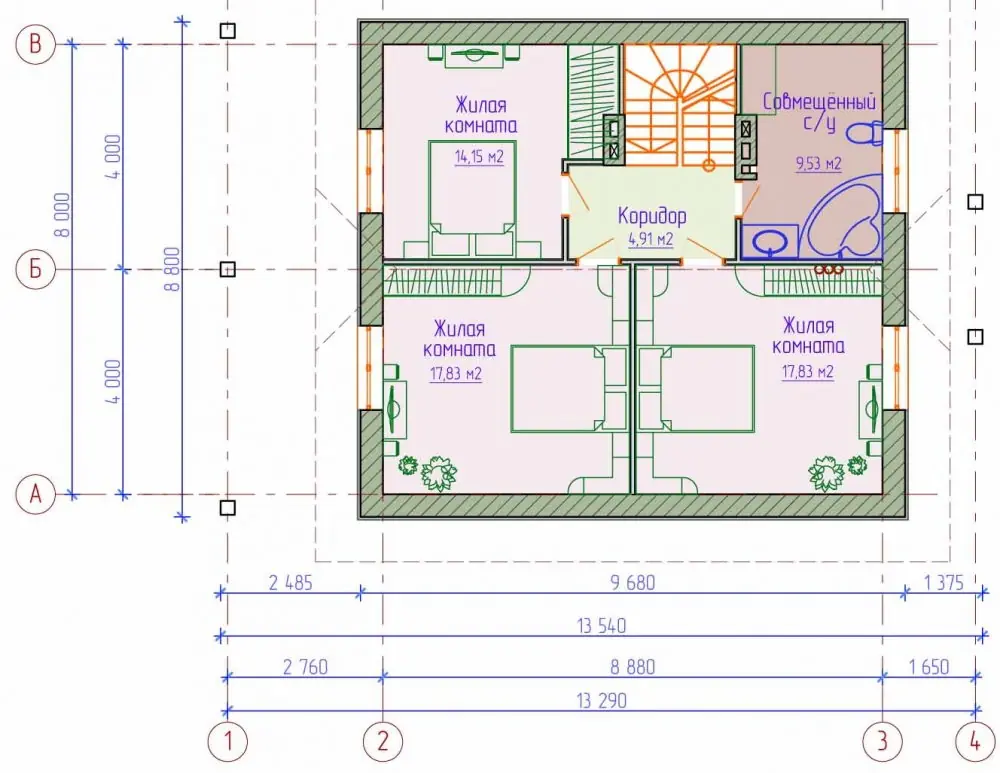 План мансардного этажа дома с верандой на входе
