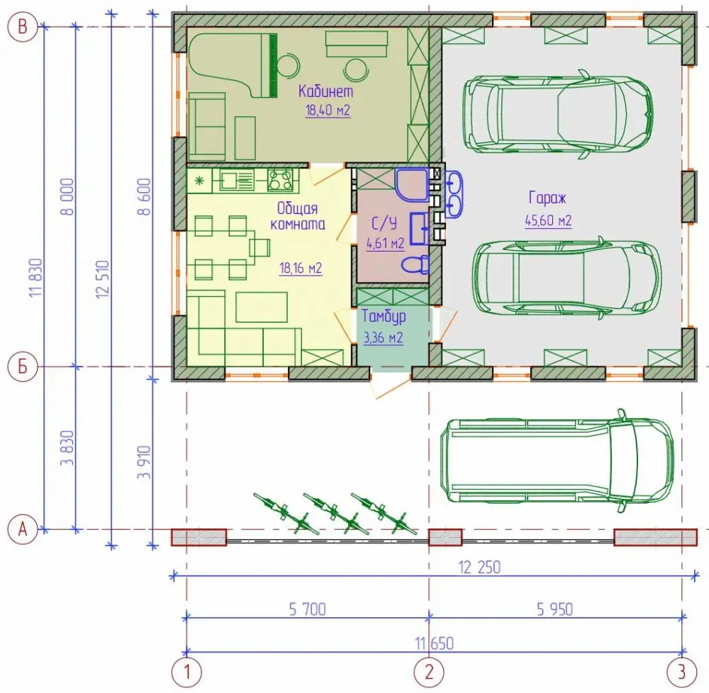 Планировка гостевого дома с гаражом в стиле хай-тек. Проект №224-01